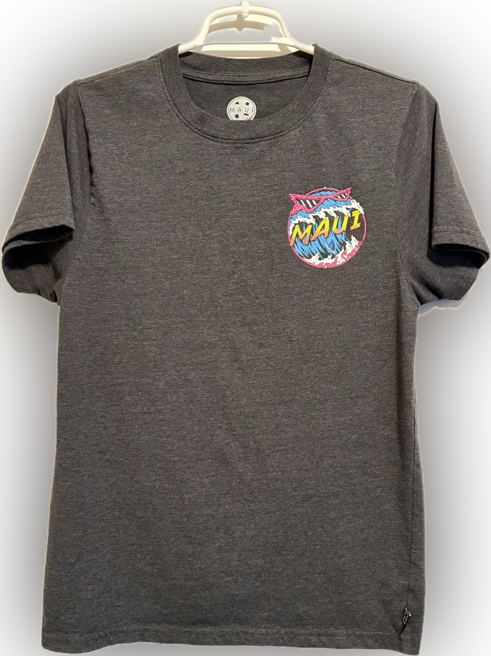 Maui and Sons Charcoal Tee with Pink, Blue & Yellow Logo Patch